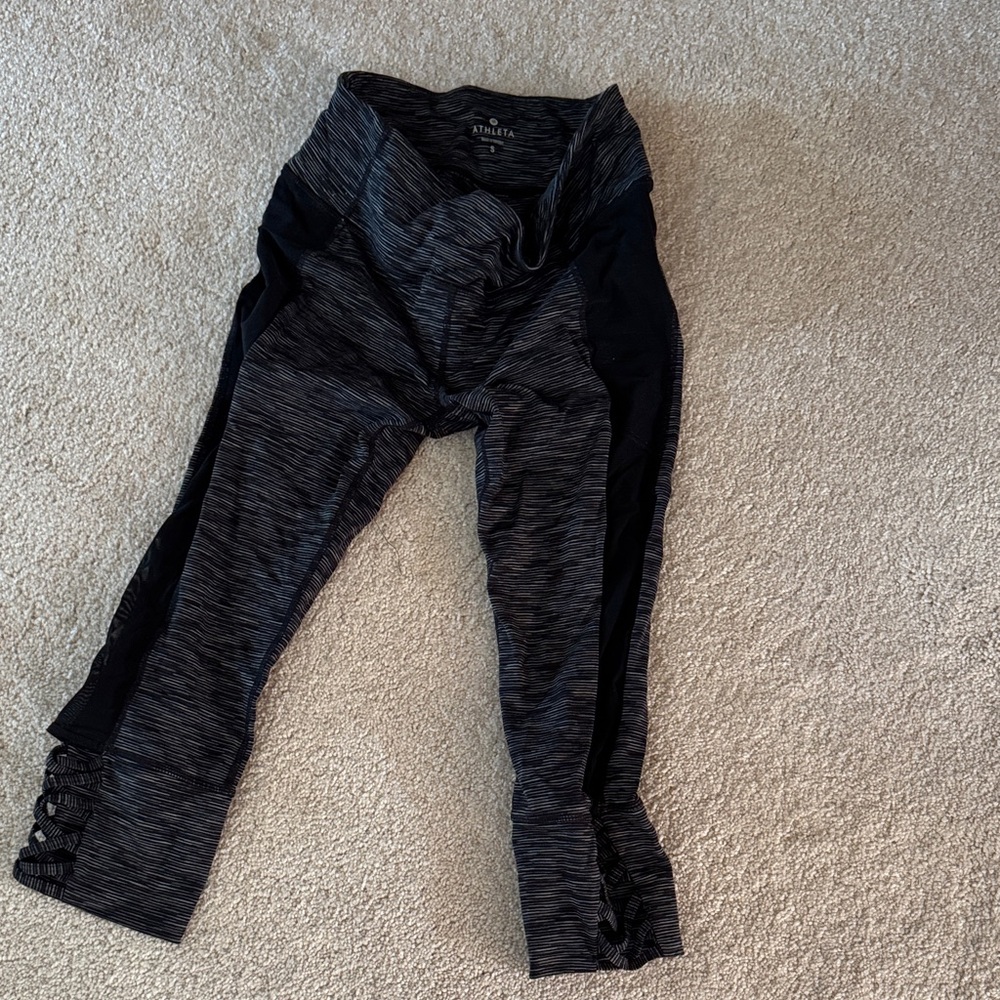 Athleta Black and Gray Space-Dye Capri with Lattice Hem